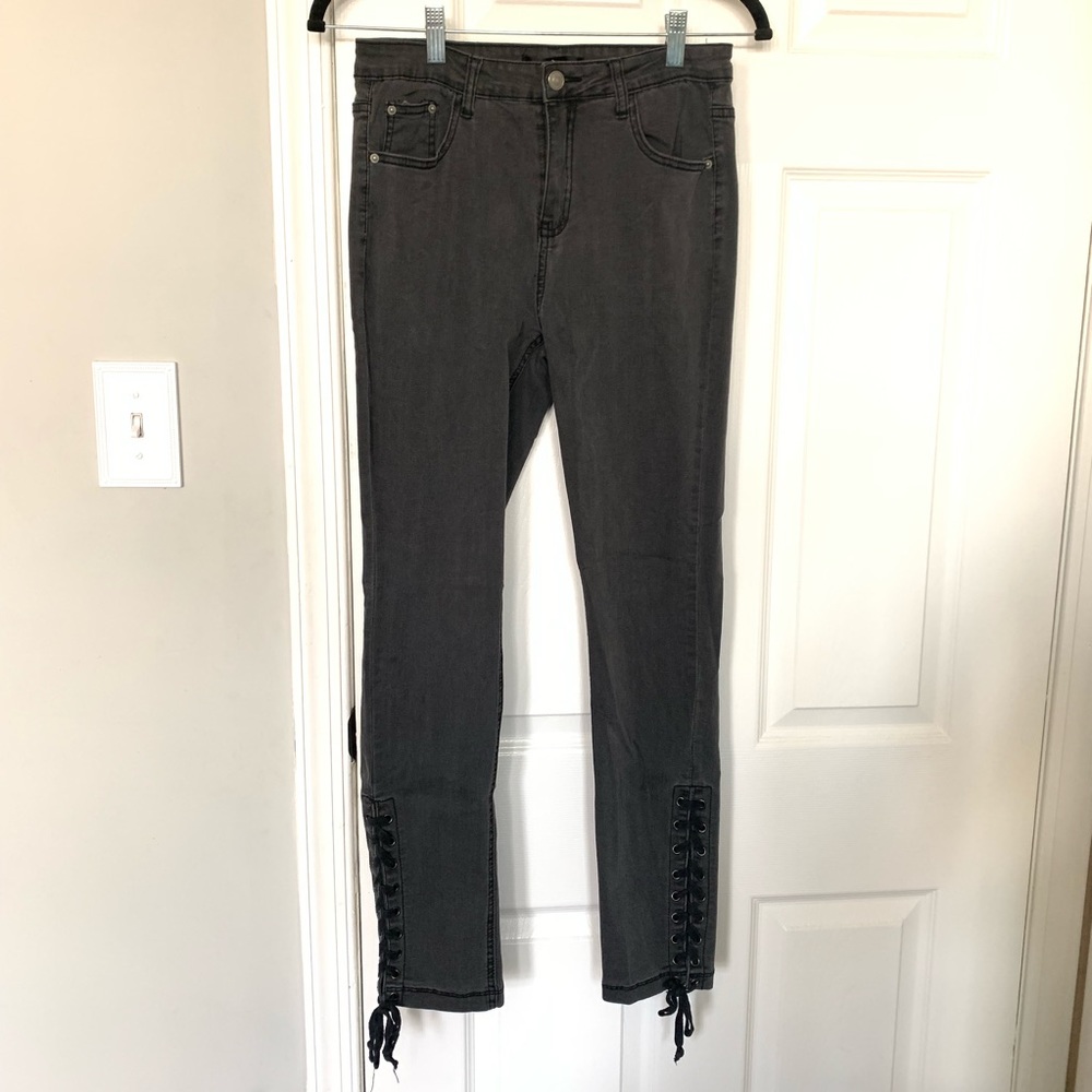 Grey Skinny Jeans with Lace Up Ankles